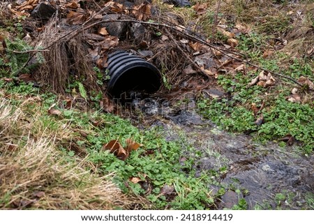 Drainage ditch intake pipe with running water after a heavy rain, surrounded by dead leaves, grass and green weeds
