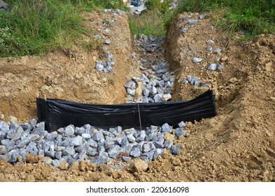 Drainage Ditch With Large Rock And Silt Fence