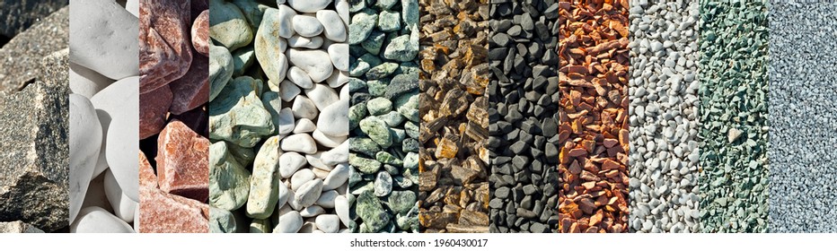 Drainage systems from small pebbles. Garden drainage for plants and trees. Collage of different types of stones. Decorative stones of different colors and sizes. - Shutterstock ID 1960430017