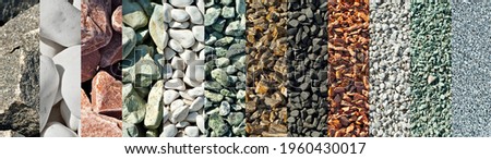Drainage systems from small pebbles. Garden drainage for plants and trees. Collage of different types of stones. Decorative stones of different colors and sizes.