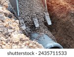 Drainage works on construction site. Construction the sewage and drainage. Laying sewer pipes at construction site