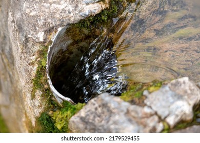 Draining Pure Spring Water From A Stone Natural Mossy Container Into A Metal Downpipe. Clear Liquid Pouring Into The Drain. Close Up. Ecology Concept