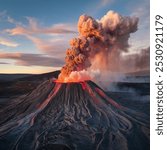 A dramatic aerial view of an active volcano mid-eruption. Lava flows down the volcano’s sides while thick clouds of ash rise into the sky. The raw power of nature is captured in vivid detail.