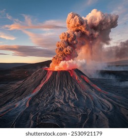 A dramatic aerial view of an active volcano mid-eruption. Lava flows down the volcano’s sides while thick clouds of ash rise into the sky. The raw power of nature is captured in vivid detail.