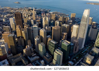 Dramatic aerial view looking down over San Francisco's SOMA neighborhood and Financial District