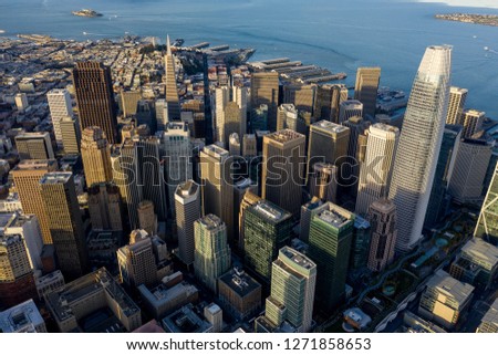 Dramatic aerial view looking down over San Francisco's SOMA neighborhood and Financial District