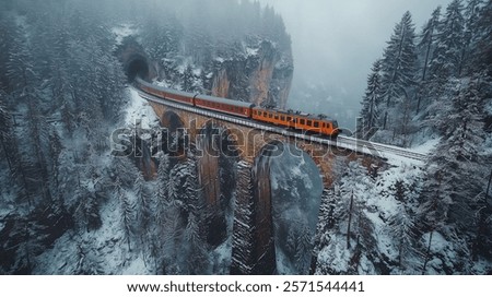 Dramatic aerial view of a red and orange passenger train crossing a historic stone viaduct in winter. The scene captures the majestic Swiss Alps covered in snow, with towering evergreen trees.