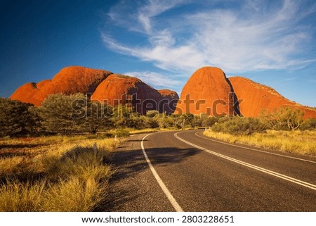 Dramatic afternoon light falls over road curving into Kata Tjuta (The Olgas) landform in Central Australia. 