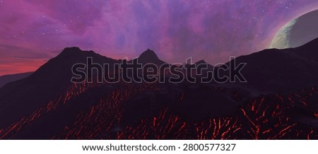 Dramatic alien volcanic landscape at dusk with glowing lava fissures, starry purple sky and distant planet, 3d Rendering.