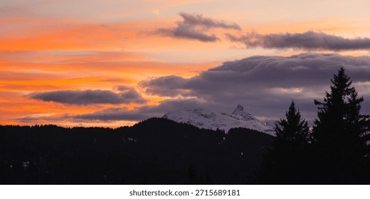 Dramatic alpine sunset with silhouetted forest and distant snow peak
