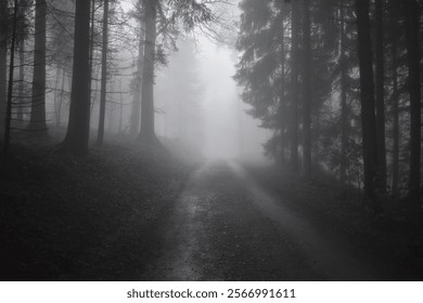 Dramatic ambiance, path going through dark misty forest in winter