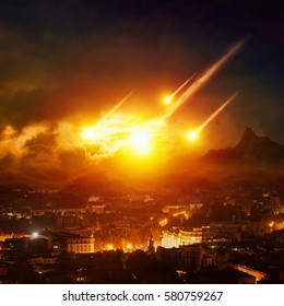 Dramatic apocalyptic background - judgment day, end of world, asteroid impact destroying city