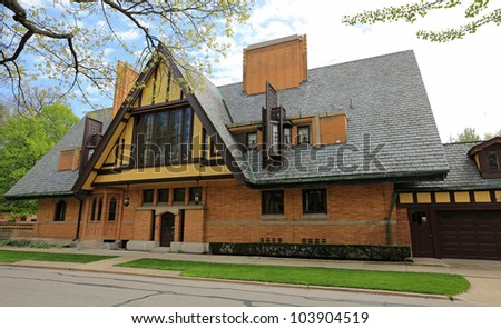 Dramatic architecture on this Frank Lloyd Wright designed house in Oak Park, Illinois, USA