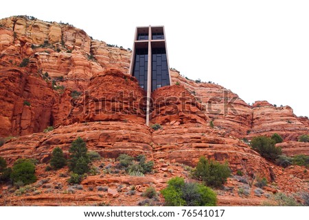Dramatic architecture on this Frank Lloyd Wright designed church built into the red rocks in Sedona, Arizona, not looking like a church at all