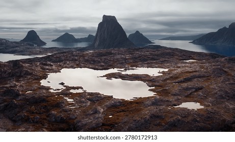 Dramatic arctic landscape featuring rocky, dark terrain with small pools of water and sharp, majestic mountain peaks in the background