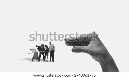 Dramatic artwork giant hand controlling group of miniature professionals. Concept of workforce management, corporate power structure, leadership influence and team dependency.