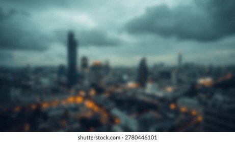A dramatic, atmospheric cityscape at dusk, featuring tall buildings under a cloudy sky. The urban scene captures the mood of the city.