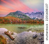 Dramatic autumn scene of Hinterer Langbathsee lake. Poppular travell destination. Location: Vorderer Langbathsee, Salzkammergut region, Upper Austria, Austria, Europe.