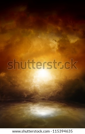 Dramatic background - dark moody sky, bright sun with reflection in water. Armageddon, apocalypse, hell.
