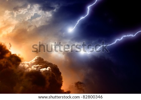 Dramatic background - dark sky and clouds with two lightnings, hell, armageddon