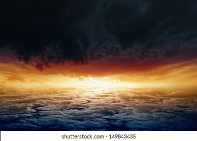 Dramatic Background - Red Sunset, Glowing Horizon, Dark Clouds