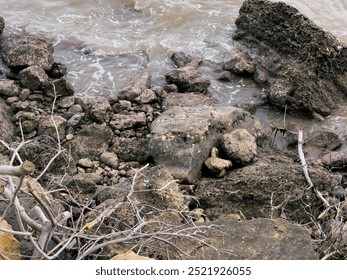 A dramatic beach scene with a large golden rock at the center, rough and textured. Scattered dry branches and wood lie among stones, with a faint sea in the background. The mood feels gloomy and chaot - Powered by Shutterstock