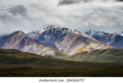 Dramatic and beautiful mountain landscape at Polychrome Pass in Denali National Park in Alaska