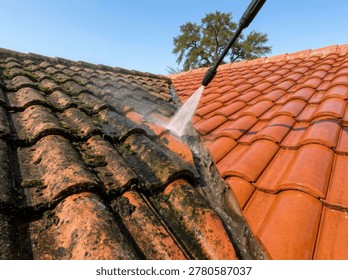 Dramatic before and after view of a red tiled roof being expertly pressure washed, revealing a clean, vibrant surface on a sunny day.