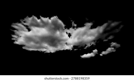 Dramatic black and white cloud formation isolated on a black background with a grainy texture effect