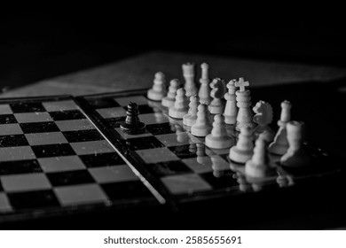 Dramatic black and white image of a lone black chess pawn facing a line of white pieces. The composition creates a sense of tension and challenge, highlighting the pawn's solitary struggle. Ideal for 