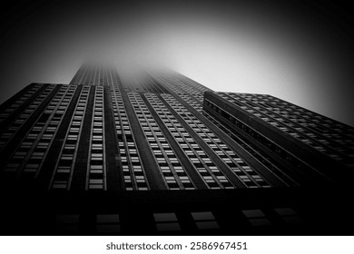 A dramatic black and white image of a towering skyscraper disappearing into thick fog, highlighting the eerie and atmospheric cityscape.