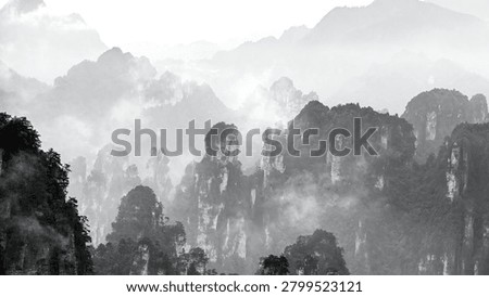 A dramatic black and white landscape of misty sandstone pillars in Zhangjiajie resembling a traditional Chinese ink wash painting