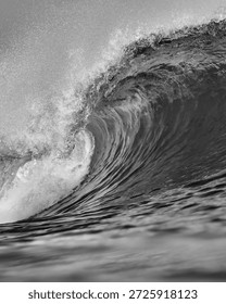 Dramatic Black And White Ocean Wave Crashing With Towering Crest And Foaming Spray, Frozen Motion Capturing