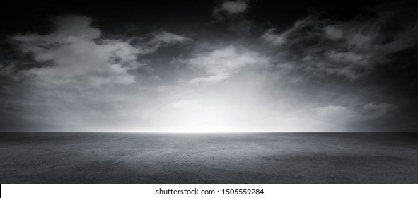 Dramatic Black and White Sky Clouds Empty Concrete Floor Noir Background Scene