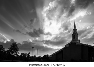 Dramatic Black And White View Of Sunset Sky Over Midwestern Church 