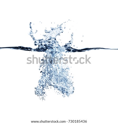 Dramatic blue water splash, water drops and air bubbles isolated