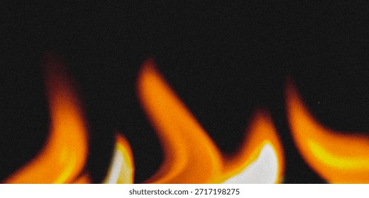 Dramatic blurred fire flames with a gritty film grain noise texture. Vibrant orange heat glowing against dark black background, creating an abstract, atmospheric, and high-energy backdrop