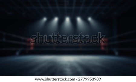 A dramatic boxing ring is illuminated by spotlights in a dark arena. The image captures the atmosphere of a boxing match, with the ring as the central focus.