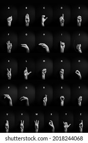 Dramatic BW Image Of Male Hands Demonstrating All ASL American Sign Language Alphabet Letters A-Z With Explanatory Text