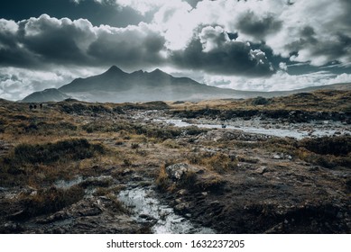 Dramatic cascading rocky river of the Sligachan mountain range in Isle of Skye