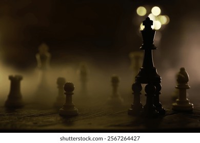 Dramatic Chess Board with Key Pieces Illuminated by Soft Light in Misty Atmosphere
