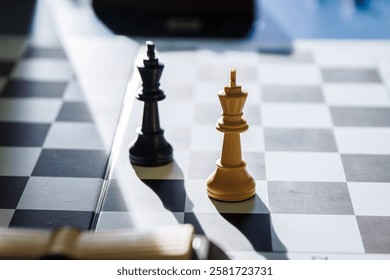 Dramatic chess endgame with two black and white lonely kings, symbolizing stalemate, board games strategy, intellectual challenge of decision making, isolation and loneliness of leadership. Soft focus