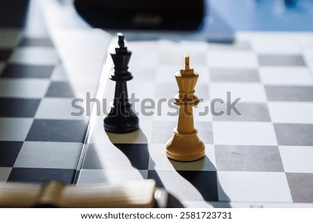 Dramatic chess endgame with two black and white lonely kings, symbolizing stalemate, board games strategy, intellectual challenge of decision making, isolation and loneliness of leadership. Soft focus