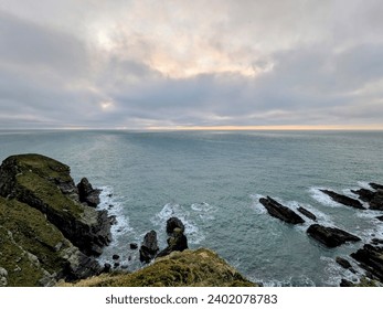 Dramatic cliffs and seascape on the headland around Holyhead in North Wales.