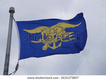 Dramatic close up of a NAVY SEAL flag waving in front of a grey cloudy sky; patriotic American military tribute