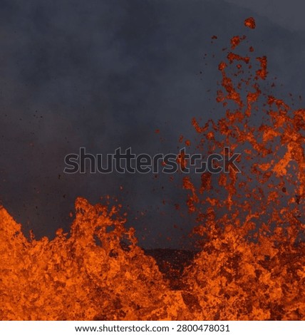 Dramatic close-up of an explosive lava fountain erupting from an active volcanic crater, showcasing glowing molten lava, volcanic explosions, intense heat, and powerful geological forces. Perfect for geology, natural disasters, earth science, volcanology, nature, environmental, and educational or editorial projects.