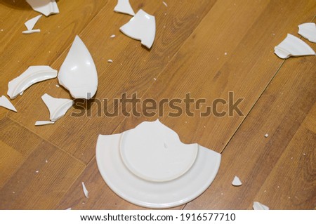 A dramatic close-up of a shattered white ceramic plate on the floor. The image shows sharp white shards, debris, and fragments scattered after an accident or quarrel. This high-quality conceptual photograph illustrates fragility, crisis, relationship breakdown, and destruction. Perfect for psychology blogs discussing family therapy, divorce, and anger management, as well as business articles about systemic failure, financial loss, or fragile structures. The clean white aesthetic of the porcelain fragments provides a strong visual metaphor for something that cannot be mended.