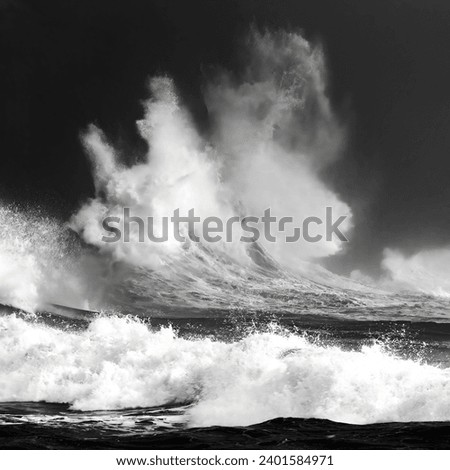 A dramatic closeup shot of the high tide waves crashing against rocks at Cape Disappointment
