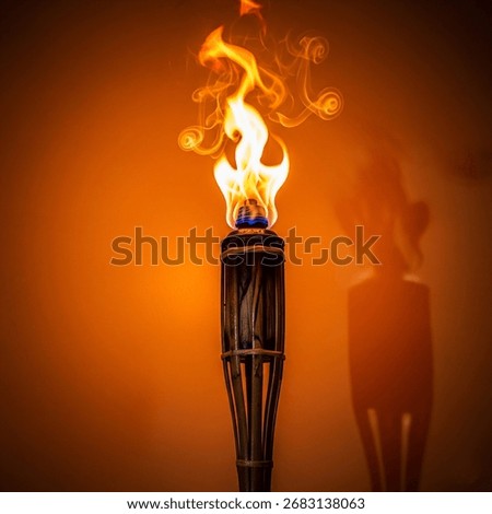 Dramatic close-up of a traditional bamboo torch burning brightly against a dark, black background. The flame is vibrant orange-yellow, producing graceful curls of smoke and warm light