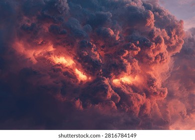 A dramatic cloud formation resembling a monstrous face. Fiery orange-red hues contrast with dark, stormy clouds